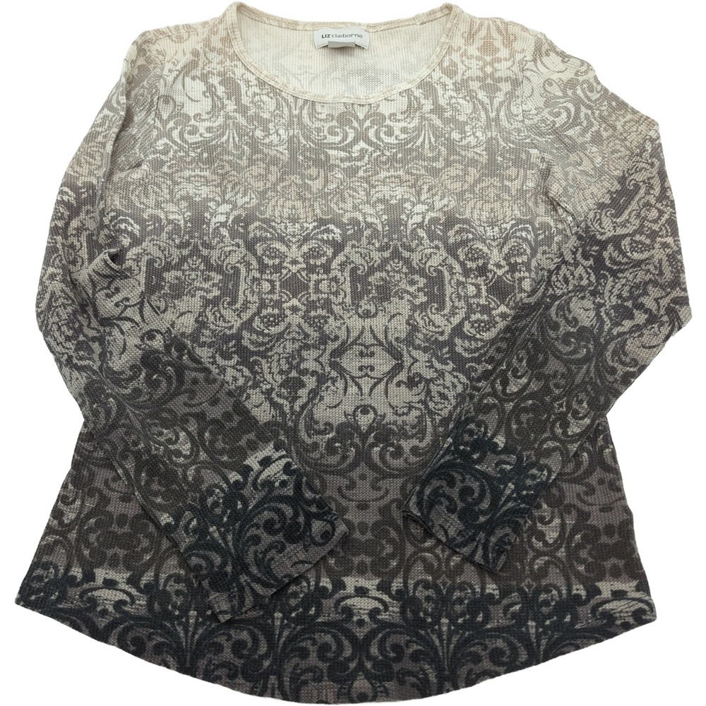 Liz Claiborne Womens Medium Damask Scroll Ombre Waffle Knit Long Sleeve Top